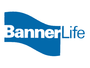 banner life insurance company logo, the logo is a wavy flag that is blue jeans blue with the words BannerLife written across in bold white font