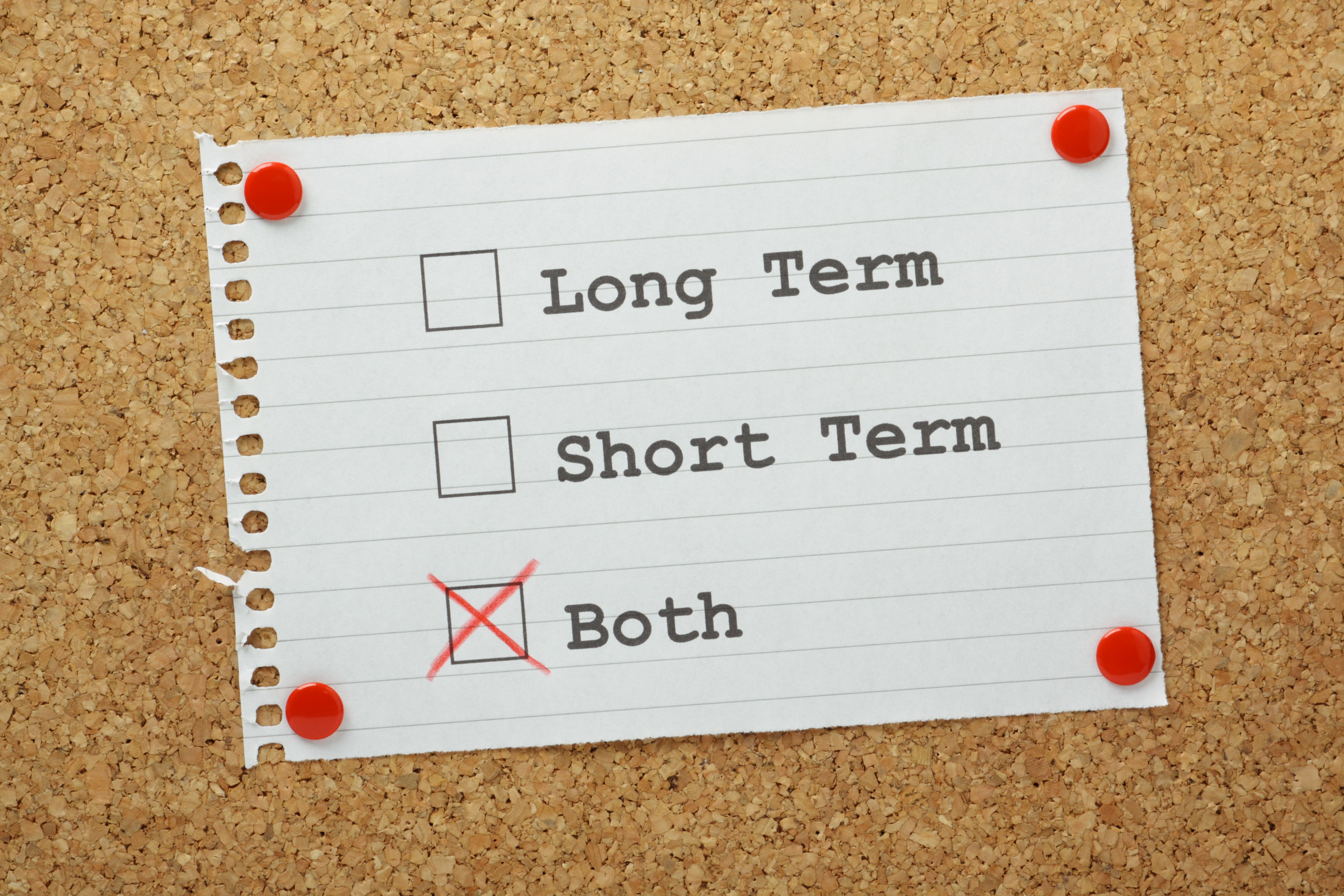 piece of paper on a board with check boxes and long term short written next to them